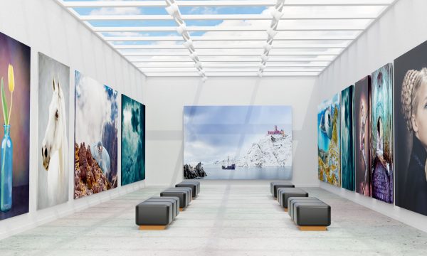 An art gallery with canvas and abstract istallation, 3D illustration