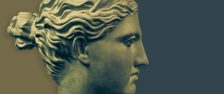 Bronze color gypsum copy of ancient statue of Diana head for artists. Plaster sculpture of woman face. Diana in Roman mythology the goddess of nature and hunting. Renaissance epoch sample. Template.