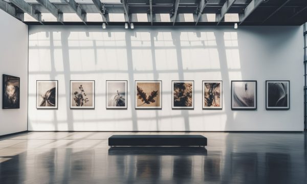 An art gallery with beautiful paintings displayed on minimalist white walls. Generative AI